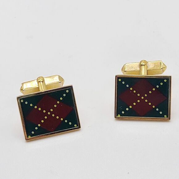SWANK Other - Swank Vintage Green Red Argyle Patterned Cufflinks Mens Signed Gold Tone Holiday